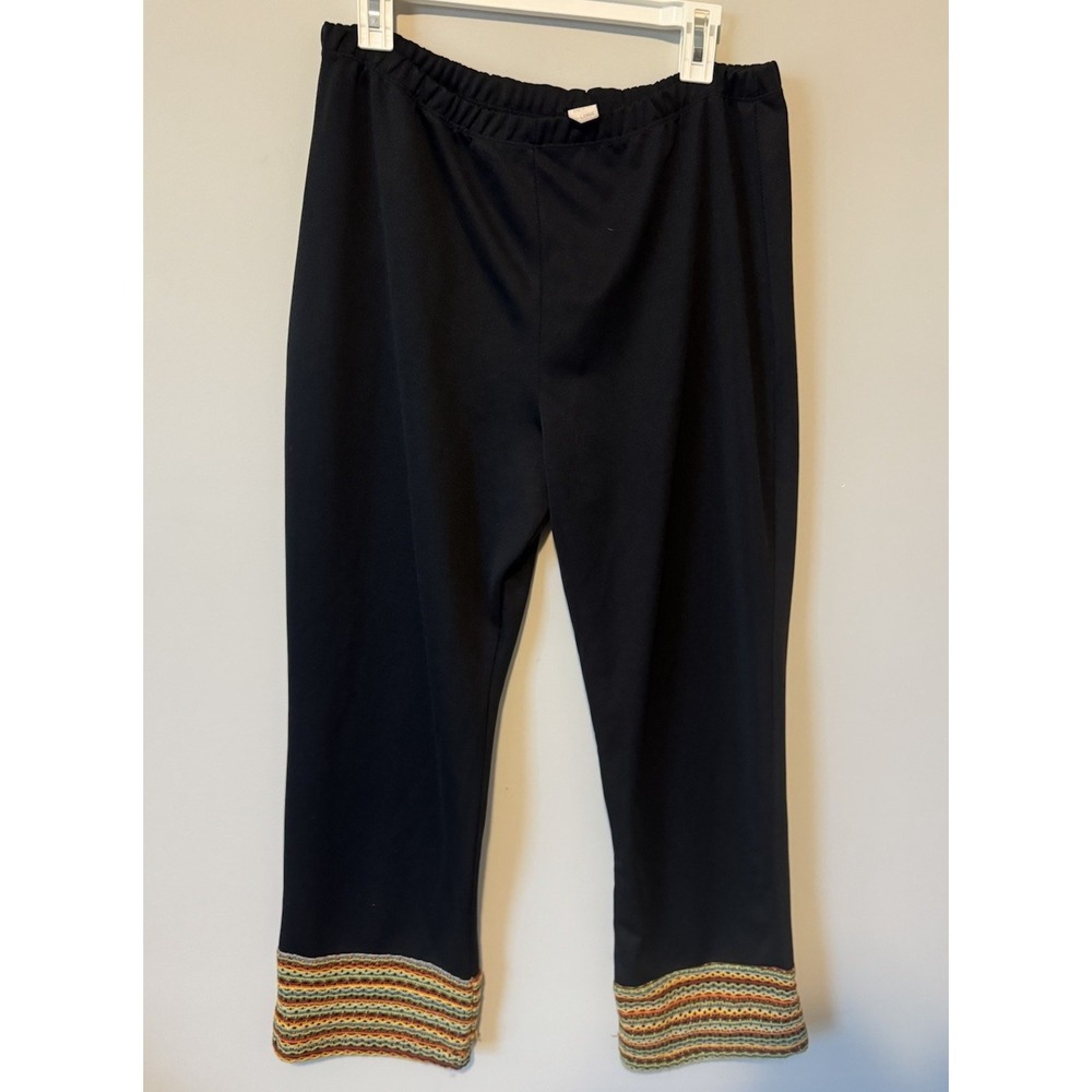 Vintage Y2K Cropped Polyester‎ Pant Black Crocheted Hem Boho Hippie Festival XXL